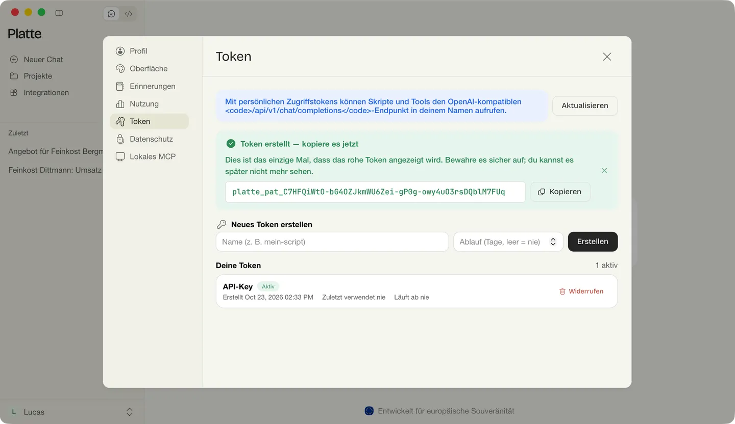 Die Token-Einstellungen in Platte: ein neu erstellter API-Key und das Formular für weitere Tokens.