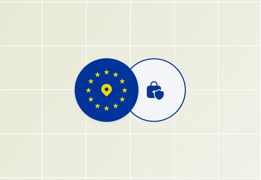Ein Europaflaggen-Kreis mit Standortnadel, überlappt von einem Kreis mit Schloss- und Schild-Symbol, auf einem Rasterhintergrund.