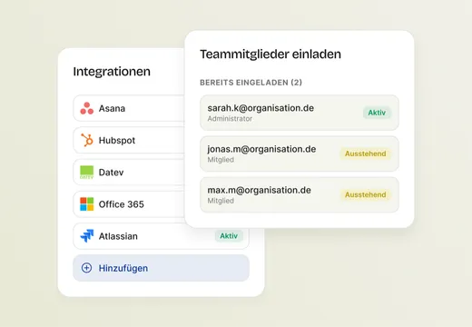 Zwei überlappende Dialoge der Platte-Oberfläche: „Integrationen“ mit verbundenen Tools (Asana, Hubspot, Datev, Office 365, Atlassian) und „Teammitglieder einladen“ mit drei geladenen Mitgliedern.
